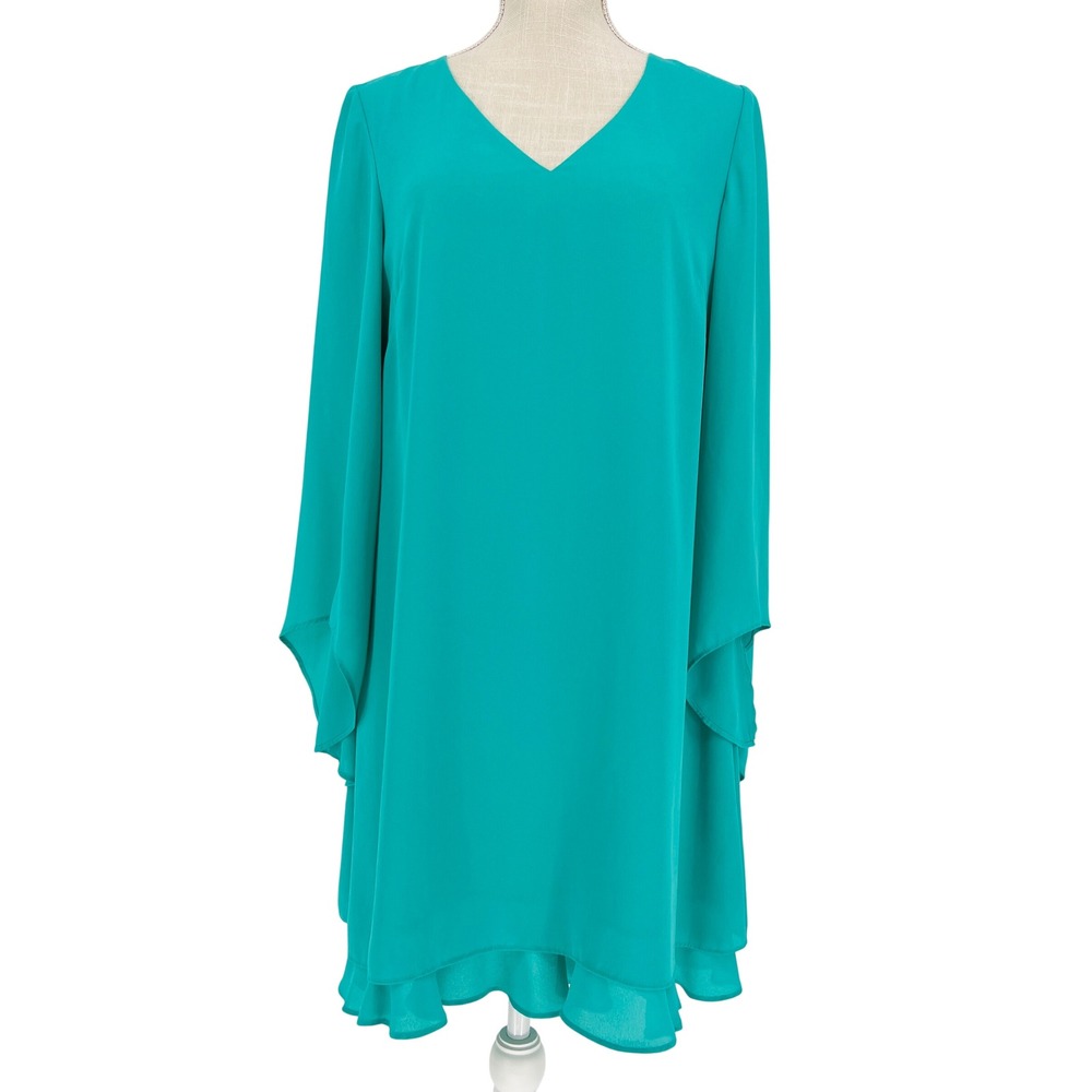 Cremieux Shift Dress Womens Small Teal Cape Sleeve Ruffle Hem Cocktail Party